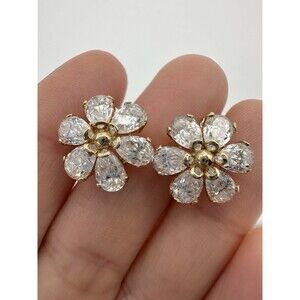 14k Designer DQ Pear Shape C Z Flower Stud Earrings